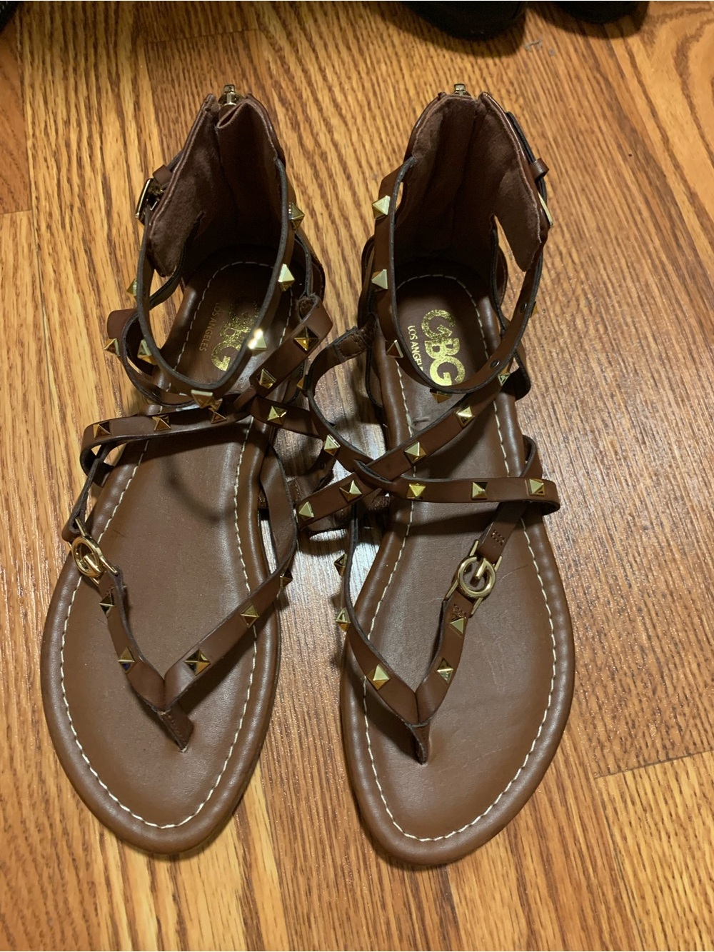 GBG Brown Gladiator Sandals with Gold Studs